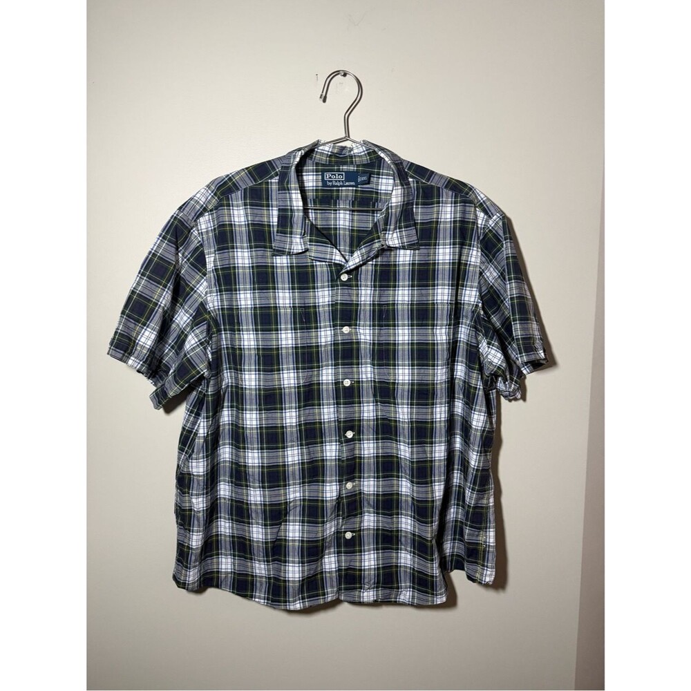 VINTAGE Polo by Ralph Lauren Navy & Green Plaid Short-Sleeve Shirt Size XXL
